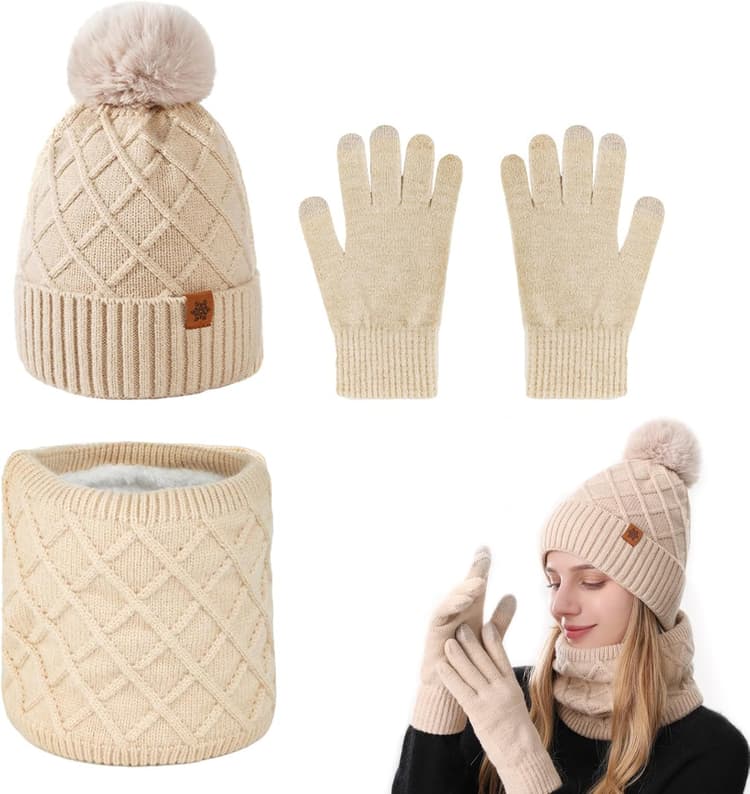 Ensemble Bonnet Écharpe Gant 3 en 1 – Bonnet Tricoté, Écharpe Tube et Gants Écran Tactile, Chauds et Confortables, Style Élégant et Polyvalent (Beige)