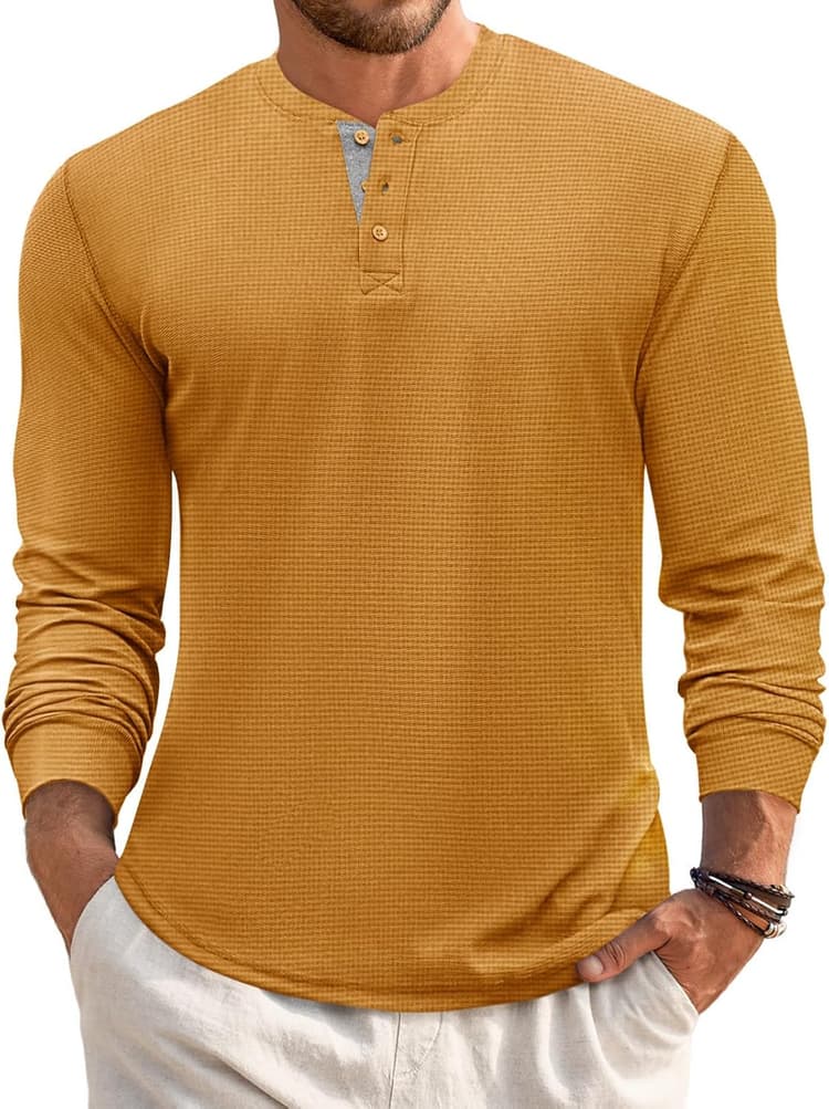 Runcati Mens Henley Long Sleeve Shirts Waffle Button Casual Basic Lightweight Tops
