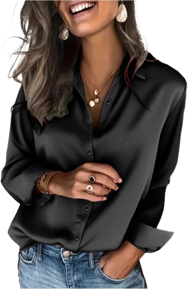 Zeagoo Chemise en Satin pour Femme à Manches Longues Soie Chic Chemisier Élégante col en V Blouse Décontracté Affaires Shirts Ample Fluide Hauts