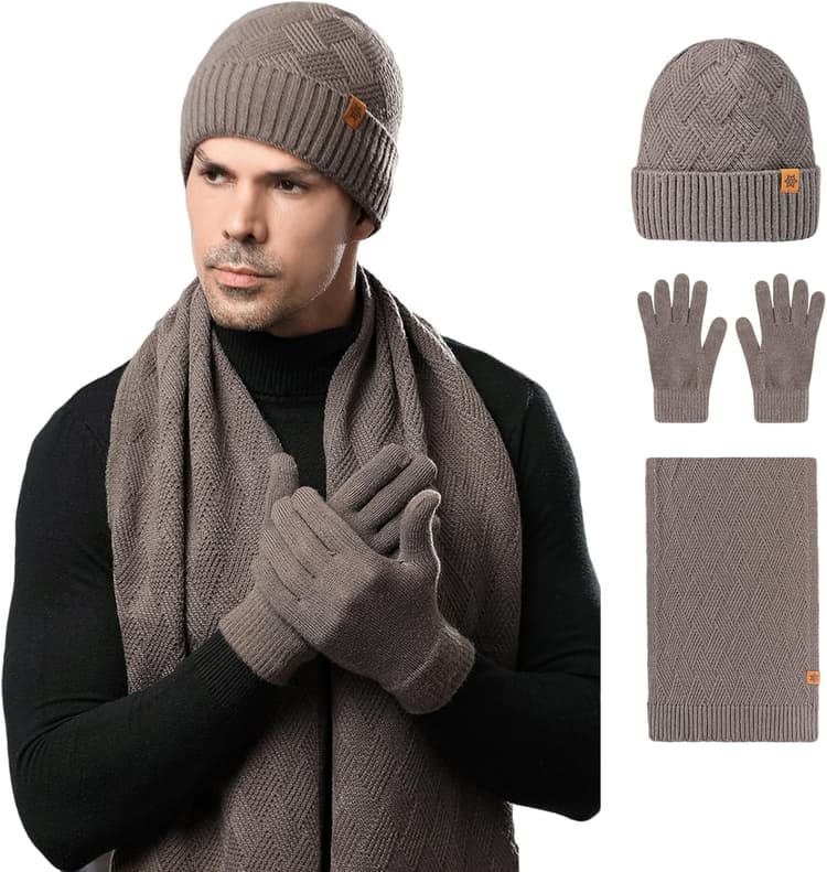 Ensemble Bonnet Écharpe Gants pour Homme Équipement Chaud Hiver pour Ski Randonnée Noël