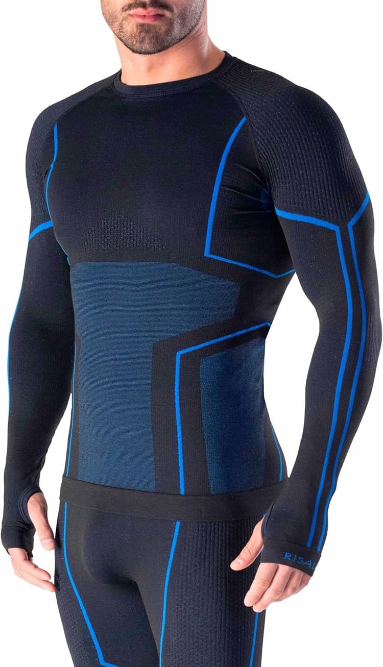 Risalti Maillot thermique homme à manches longues Merino Tech – Maillot thermique pour homme à compression en laine mérinos, sous-vêtements thermiques pour homme d'hiver et sans couture – Fabriqué en
