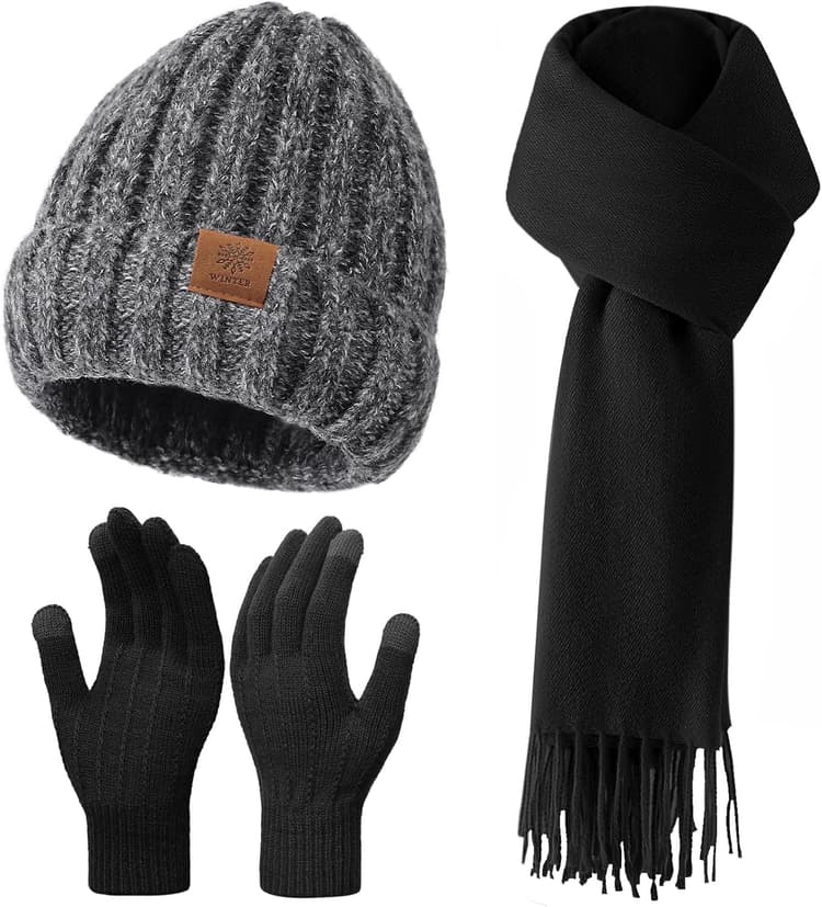 Women Winter Hat Beanie+Long Scarf+Touch Screen Gloves Set, Warm Clothes Set with Knit Fleece Lined for Women/Men Winter