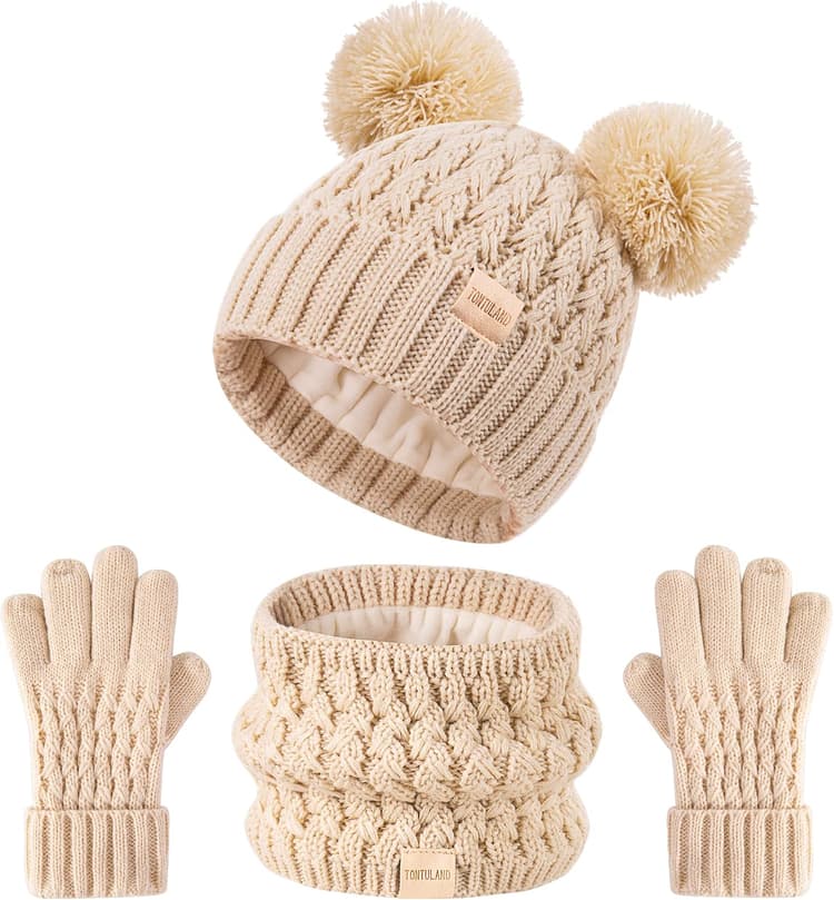 Chapeau d'hiver pour enfants Echarpe Gants Chaud en tricot doublé de laine polaire Chapeau PomPom pour les enfants de 3 à 9 ans, parfait pour les garçons et les filles