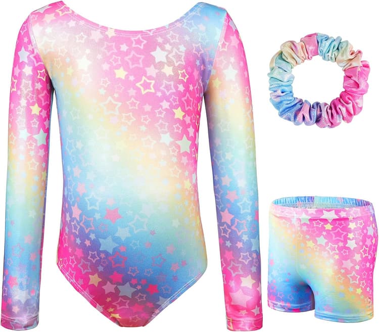 AOOWU Ensemble Gymnastique, 3PCS Justaucorps Gymnastique Enfant Brillant Couleur Dégradée avec Short et Bandeau, Costume Patinage Artistique Danse Ballet, Tenue de Spectacle Danse Latine Fille 5-8 Ans