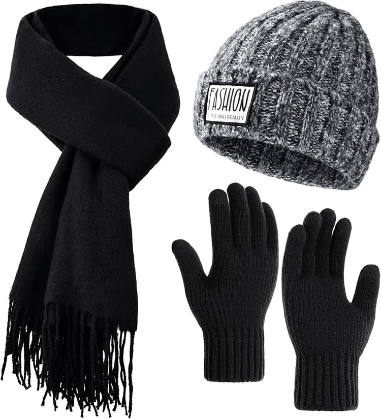 Winter Hat Beanie Long Scarf Touchscreen Gloves Set, 3Pcs Soft Thick Fleece Lined Gloves Skull Cap Scarf Set for Women Men