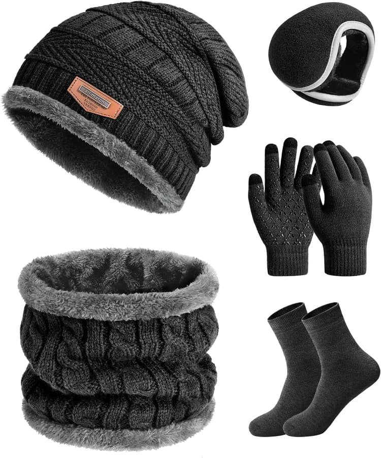 heekpek 5Pcs Ensemble Bonnet Echarpe Gant Homme Tricoté Tour De Cou Doublure Polaire Hiver Beanie Bonnet Chauffe-Oreilles Écharpe Gants à Écran Tactile Chaussettes