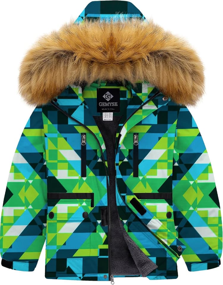 GEMYSE Veste de Ski pour Garçon Enfant Manteau Hiver Chaud Imperméable Coupe-Vent Blouson avec capuche en Fourrure Amovible