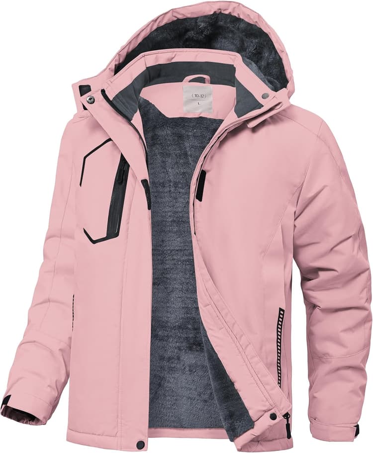 Veste de Ski Enfant Imperméable avec Capuche Hiver Manteau Doublé Polaire Chaud