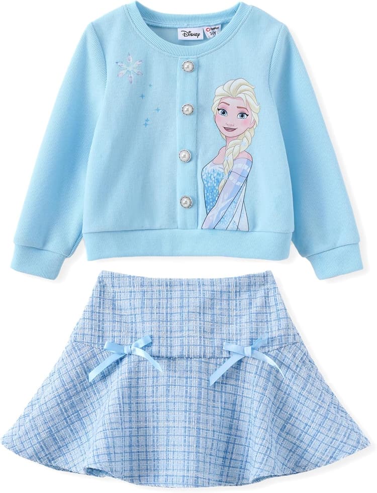 Disney Frozen Elsa Stitch Princess Moana Minnie Toddler Girl 2 Piece Outfit Kid Pearl Button Knit Top & Tweed Skirt Set 2-13Y