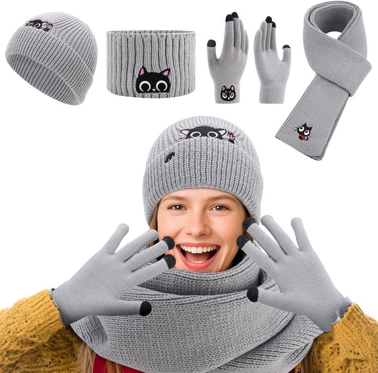 Ensemble Bonnet d'hiver pour Femme, Bonnet Écharpe Gants Bandeau Amoureux des Chats Cadeau pour Femme