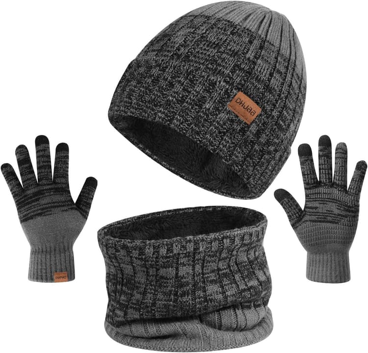 TAGVO 3in1 Bonnet D'hiver Bonnet Écharpe Ensemble de Gants pour Homme Femme, Doublure Molleton Doux Chapeau tricoté Chaud Cache-Cou Extensible Gants tactiles à 3 Doigts,Packs bonnet, écharpe et gants
