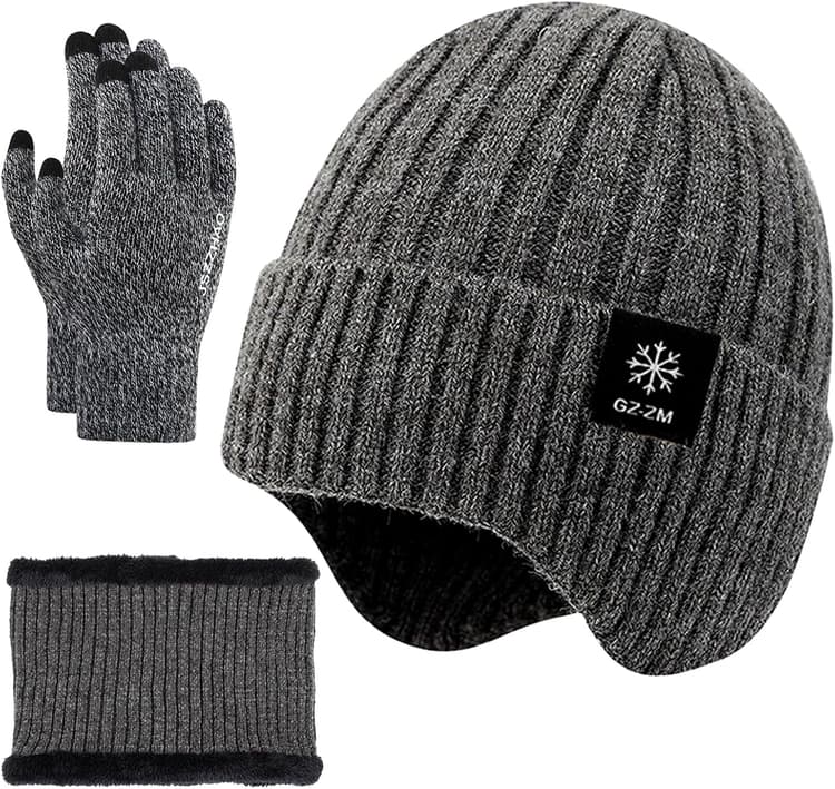 Packs Bonnet, Écharpe et Gants Femme Homme, Bonnet Hiver Echarpe Gants Tactiles avec Polaire, Bonnets Tour de Cou Chaud Gant Tactile, Tricotés Ensemble Cache Cou Chapeaux d'Hiver, Gris