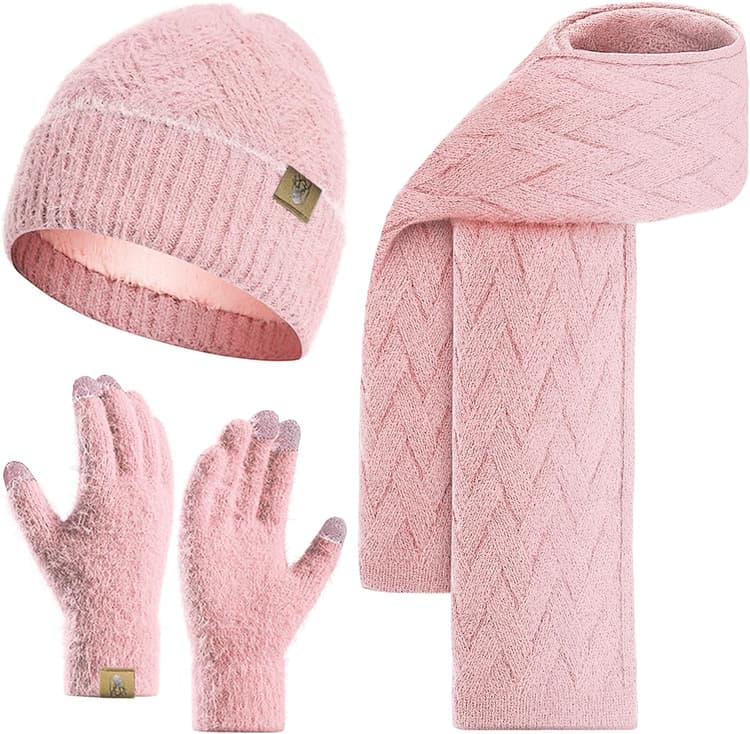 Packs Bonnet Écharpe et Gants pour Femme Gants à Écran Tactile Thermique Tricoté Echarpe Chaude et Bonnet Polaire pour Femme