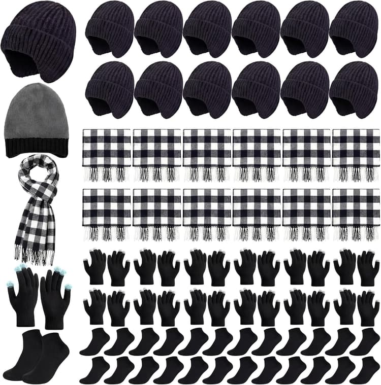 48 Pcs Winter Hat Gloves Scarves Socks Set Unisex Plaid Scarf Fleece Beanies Touchscreen Glove for Homeless Charity(Earflap,White and Black)